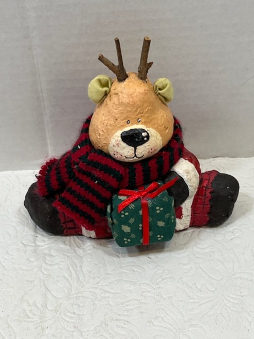 Handmade Paper-Mache Sitting Christmas Reindeer Twig Antlers Knitted Scarf Gift